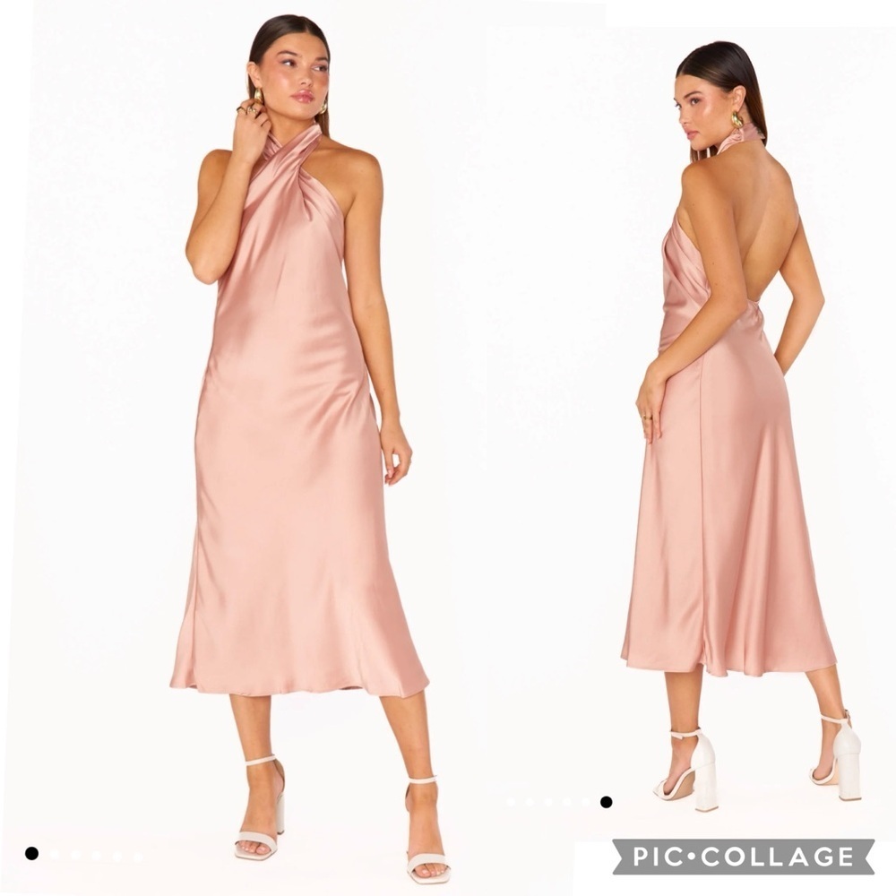 NWOT Show Me Your Mumu Jasmine Halter Midi Dress in Rose Gold Satin Slip dress
